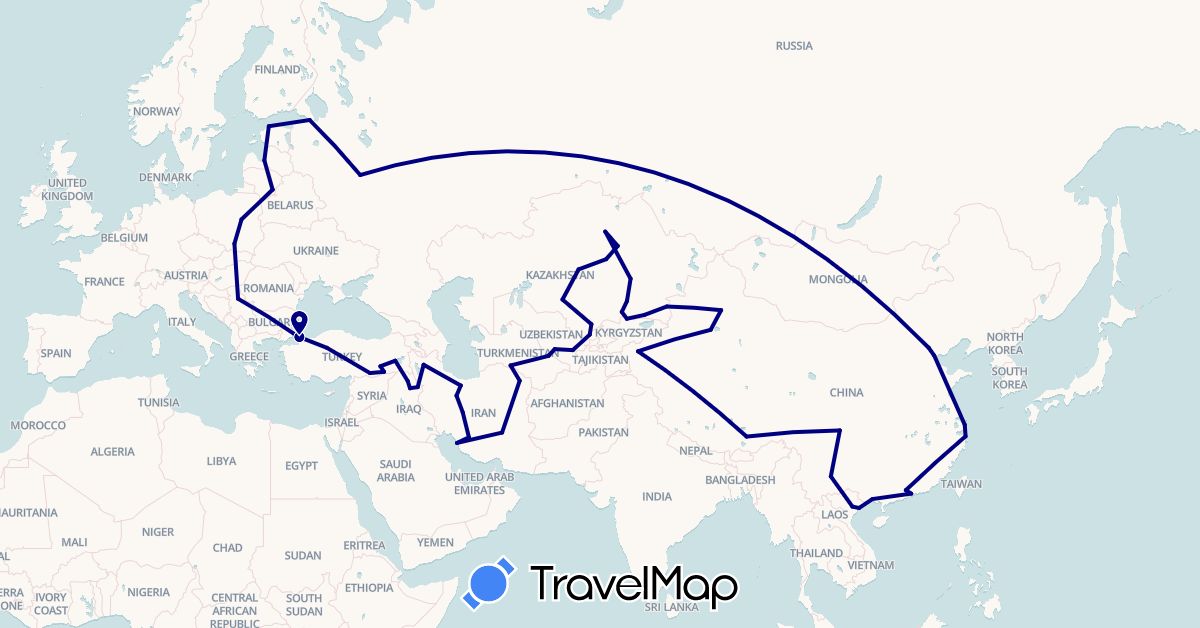 TravelMap itinerary: driving in China, Estonia, Iraq, Iran, Kyrgyzstan, Kazakhstan, Lithuania, Latvia, Poland, Serbia, Russia, Turkmenistan, Turkey, Uzbekistan, Vietnam (Asia, Europe)